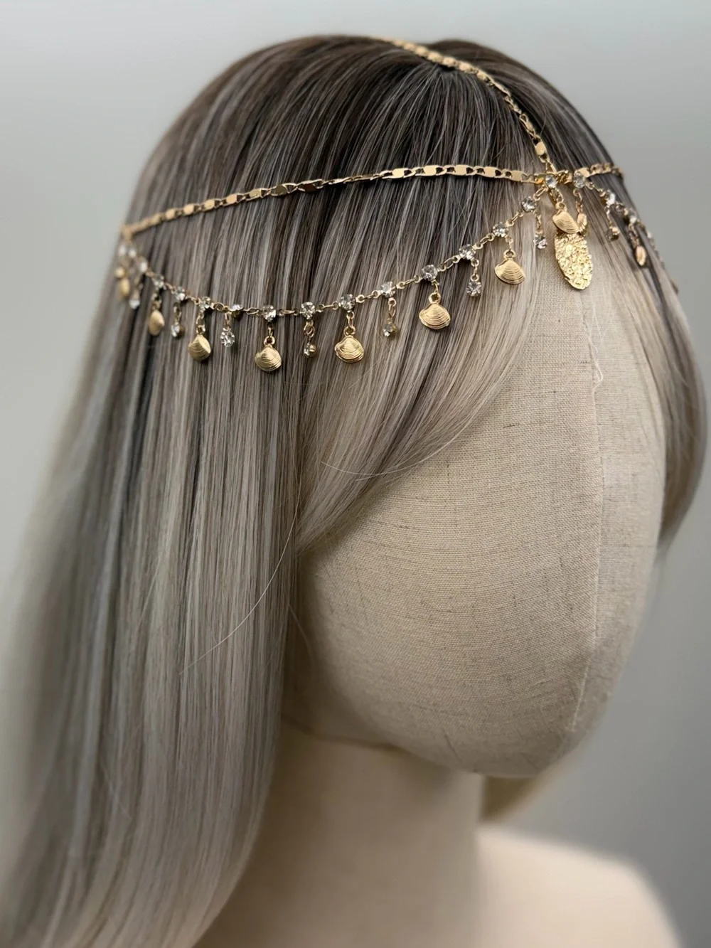 Boho Gold-Tone Head Chain Crystal Coin Headpiece Festival Hair Jewelry Wedding